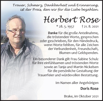 Traueranzeige von Herbert Rose von Nordwest-Zeitung