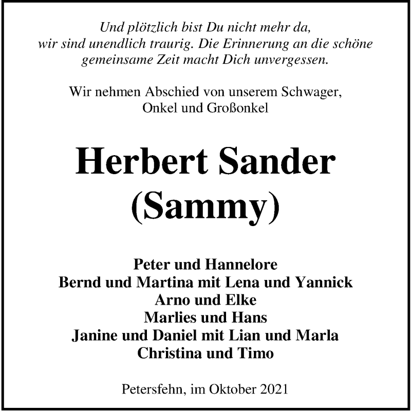 Traueranzeige für Herbert Sander vom 09.10.2021 aus Nordwest-Zeitung