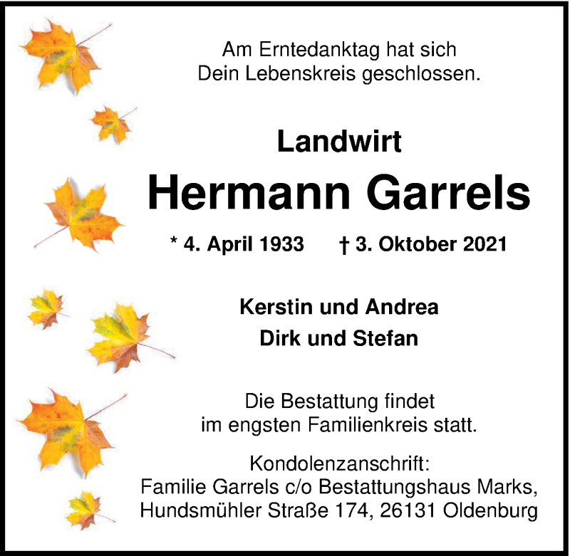  Traueranzeige für Hermann Garrels vom 09.10.2021 aus Nordwest-Zeitung