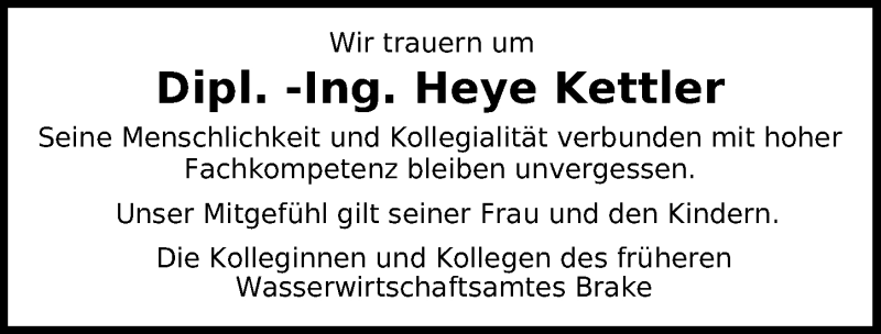  Traueranzeige für Heye Kettler vom 05.10.2021 aus Nordwest-Zeitung