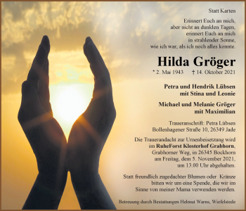 Traueranzeige von Hilda Gröger von Nordwest-Zeitung