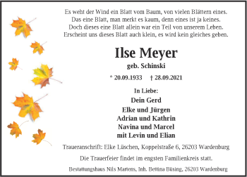 Traueranzeige von Ilse Meyer von Nordwest-Zeitung