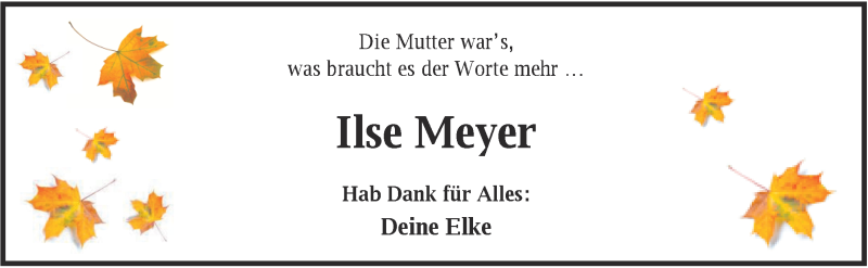  Traueranzeige für Ilse Meyer vom 06.10.2021 aus Nordwest-Zeitung