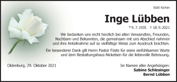 Traueranzeige von Inge Lübben von Nordwest-Zeitung