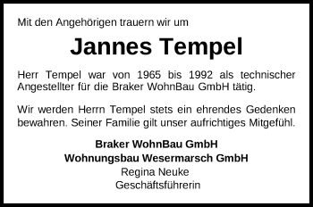 Traueranzeige von Jannes Tempel von Nordwest-Zeitung