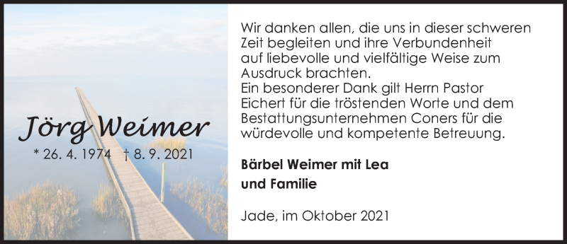  Traueranzeige für Jörg Weimer vom 09.10.2021 aus Nordwest-Zeitung