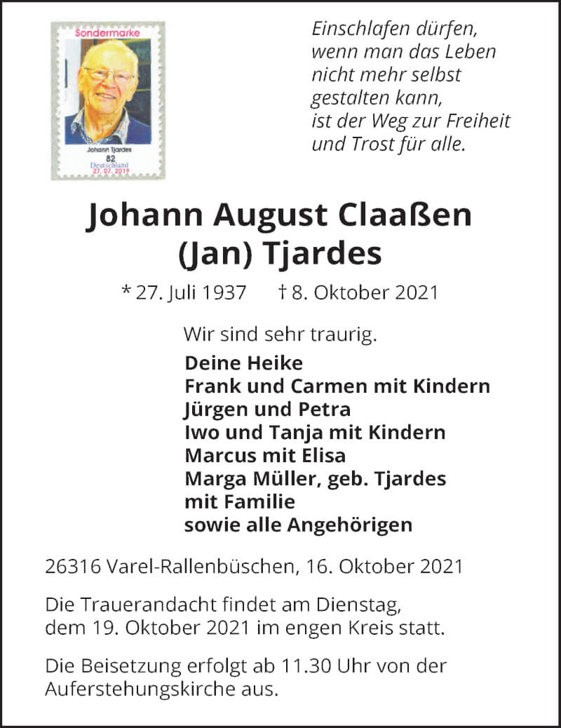  Traueranzeige für Johann August Claaßen Tjardes vom 16.10.2021 aus Nordwest-Zeitung