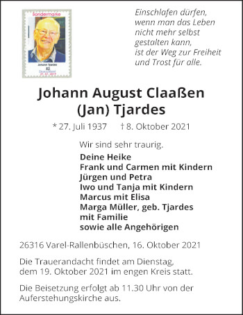 Traueranzeige von Johann August Claaßen Tjardes von Nordwest-Zeitung