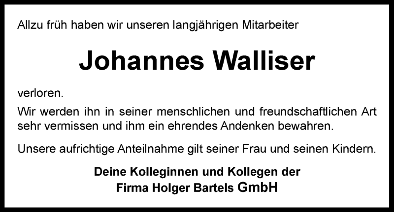  Traueranzeige für Johannes Walliser vom 09.10.2021 aus Nordwest-Zeitung