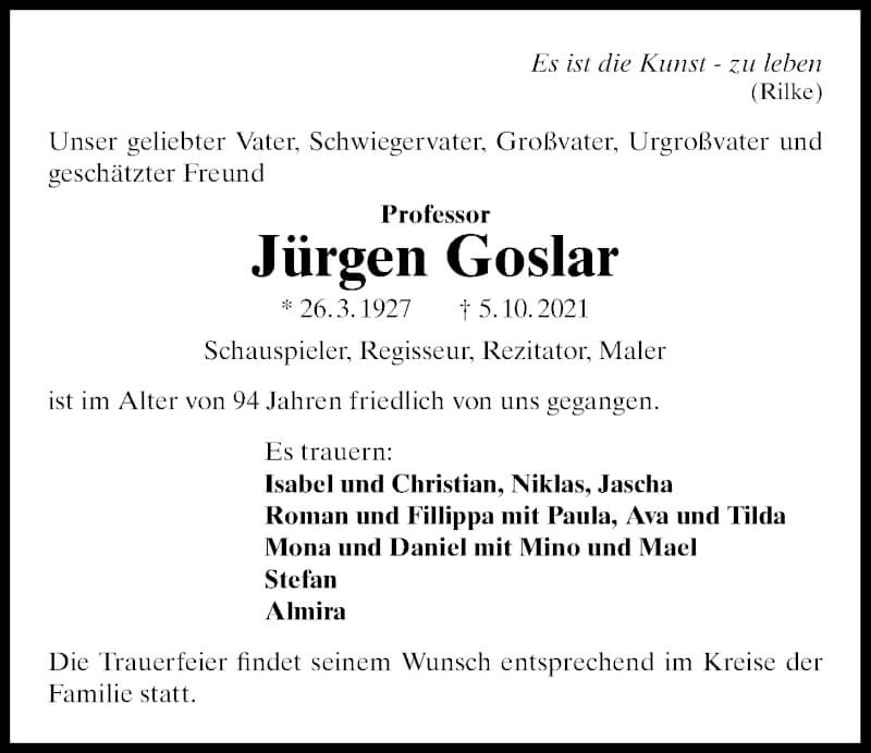  Traueranzeige für Jürgen Goslar vom 16.10.2021 aus Nordwest-Zeitung