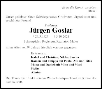 Traueranzeige von Jürgen Goslar von Nordwest-Zeitung