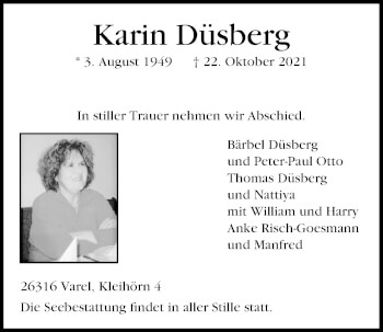 Traueranzeige von Karin Düsberg von Nordwest-Zeitung