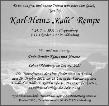Traueranzeige von Karl-Heinz Rempe von Nordwest-Zeitung