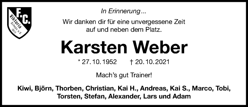 Traueranzeige für Karsten Weber vom 27.10.2021 aus Nordwest-Zeitung
