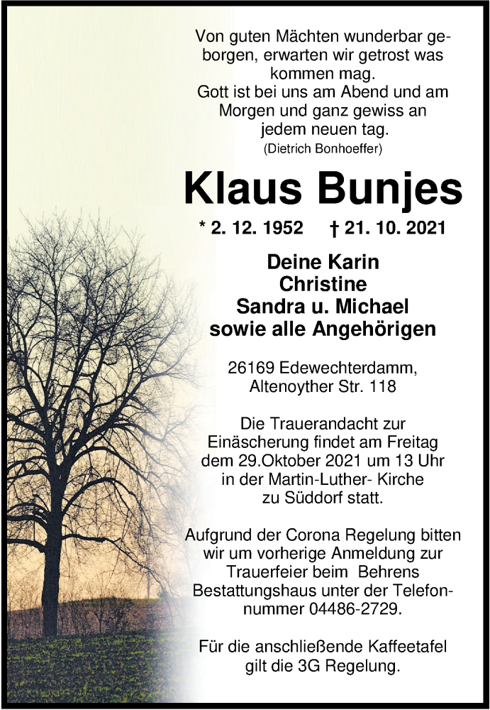  Traueranzeige für Klaus Bunjes vom 26.10.2021 aus Nordwest-Zeitung