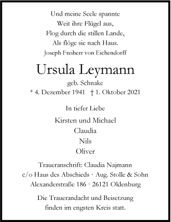 Traueranzeige von Leymann Ursula von Nordwest-Zeitung