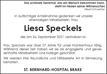 Traueranzeige von Liesa Speckels von Nordwest-Zeitung