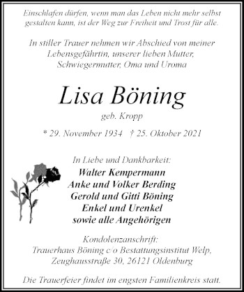Traueranzeige von Lisa Böning von Nordwest-Zeitung