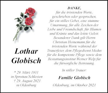 Traueranzeige von Lothar Globisch von Nordwest-Zeitung