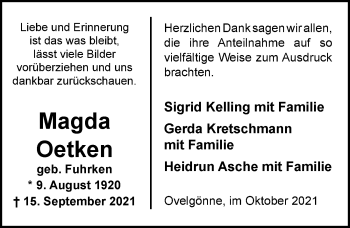 Traueranzeige von Magda Oetken von Nordwest-Zeitung