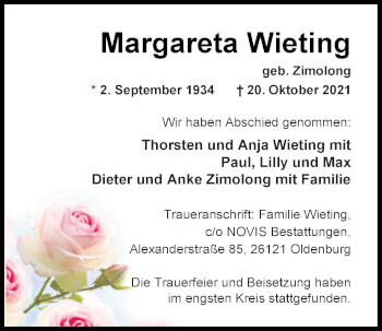 Traueranzeige von Margareta Wieting von Nordwest-Zeitung