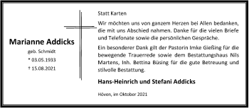Traueranzeige von Marianne Addicks von Nordwest-Zeitung