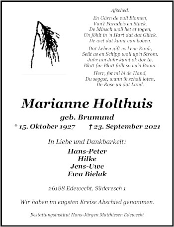 Traueranzeige von Marianne Holthuis von Nordwest-Zeitung