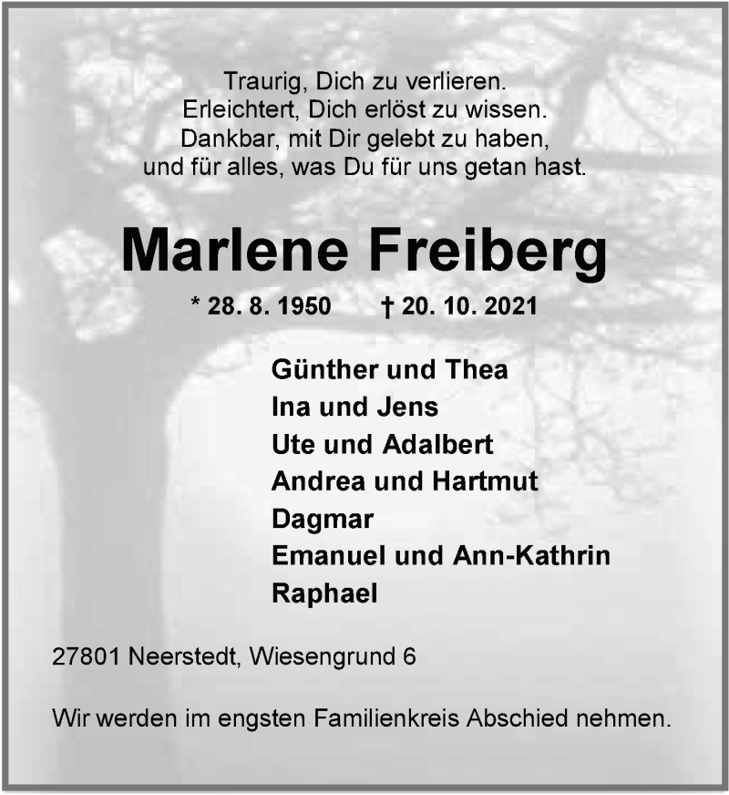  Traueranzeige für Marlene Freiberg vom 23.10.2021 aus Nordwest-Zeitung