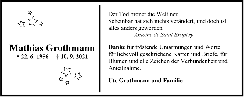  Traueranzeige für Mathias Grothmann vom 23.10.2021 aus Nordwest-Zeitung