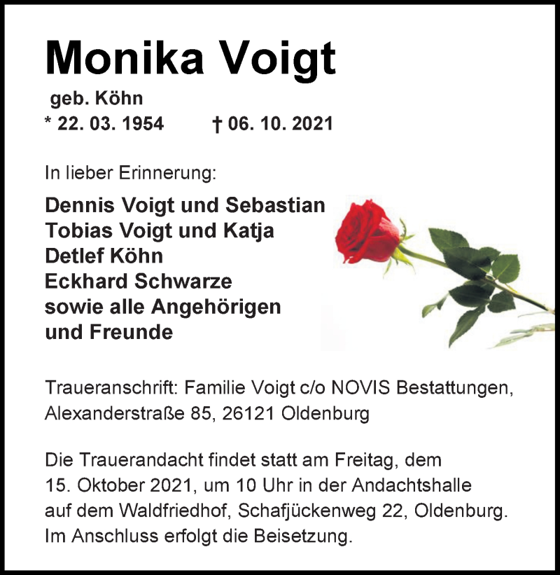  Traueranzeige für Monika Voigt vom 09.10.2021 aus Nordwest-Zeitung