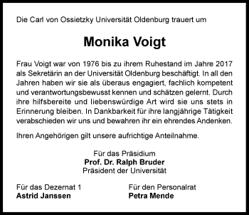 Traueranzeige von Monika Voigt von Nordwest-Zeitung