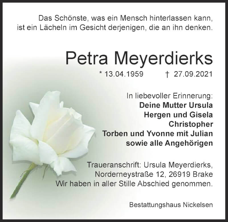  Traueranzeige für Petra Meyerdierks vom 16.10.2021 aus Nordwest-Zeitung