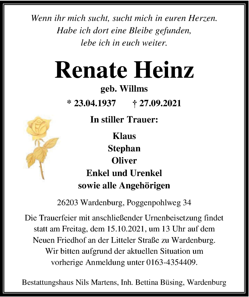  Traueranzeige für Renate Heinz vom 09.10.2021 aus Nordwest-Zeitung