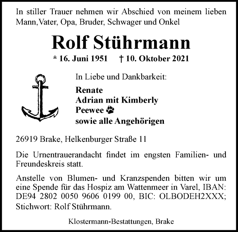  Traueranzeige für Rolf Stührmann vom 13.10.2021 aus Nordwest-Zeitung