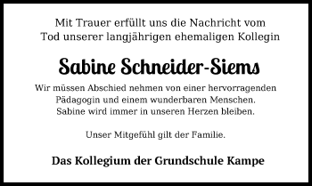 Traueranzeige von Sabine Schneider-Siems von Nordwest-Zeitung
