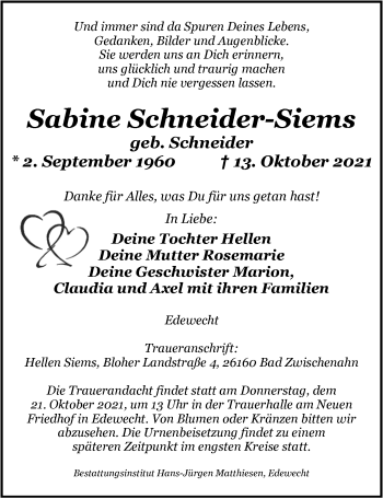 Traueranzeige von Sabine Schneider-Siems von Nordwest-Zeitung