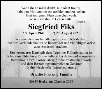 Traueranzeige von Siegfried Fiks von Nordwest-Zeitung