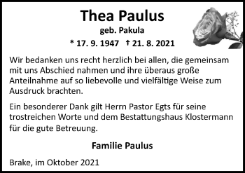Traueranzeige von Thea Paulus von Nordwest-Zeitung