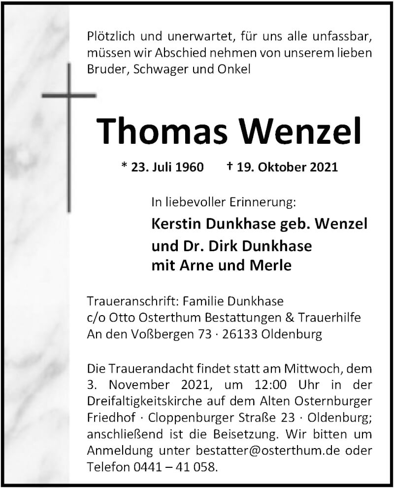  Traueranzeige für Thomas Wenzel vom 30.10.2021 aus Nordwest-Zeitung
