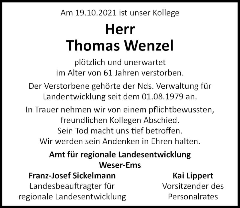  Traueranzeige für Thomas Wenzel vom 30.10.2021 aus Nordwest-Zeitung