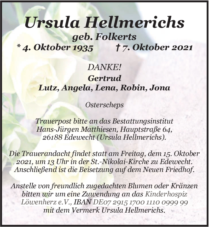  Traueranzeige für Ursula Hellmerichs vom 12.10.2021 aus Nordwest-Zeitung