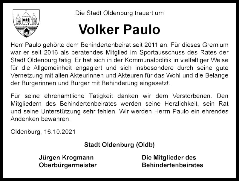 Traueranzeige für Volker Paulo vom 16.10.2021 aus Nordwest-Zeitung