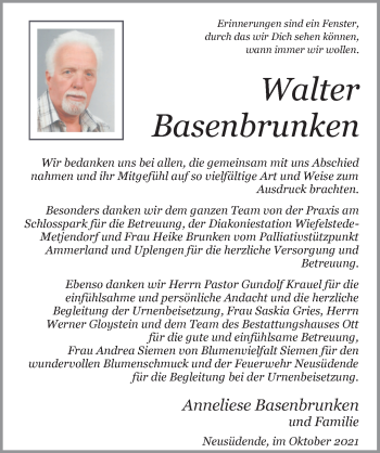 Traueranzeige von Walter Basenbrunken von Nordwest-Zeitung