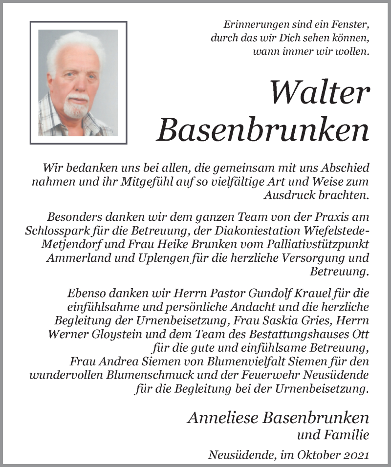  Traueranzeige für Walter Basenbrunken vom 23.10.2021 aus Nordwest-Zeitung