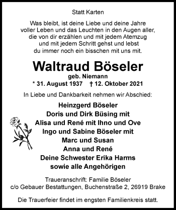 Traueranzeige von Waltraud Böseler von Nordwest-Zeitung