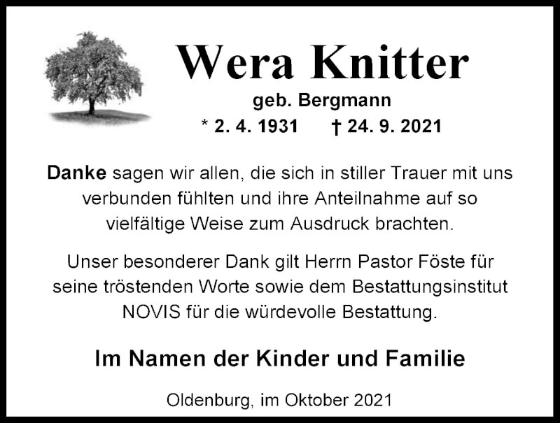  Traueranzeige für Wera Knitter vom 30.10.2021 aus Nordwest-Zeitung