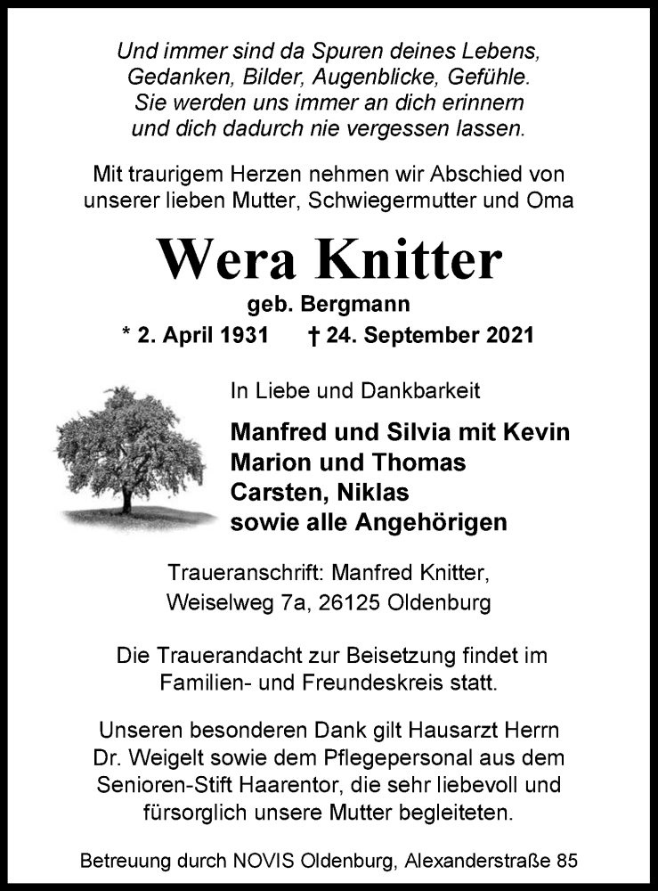  Traueranzeige für Wera Knitter vom 02.10.2021 aus Nordwest-Zeitung