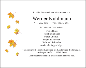 Traueranzeige von Werner Kuhlmann von Nordwest-Zeitung