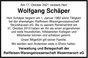 Traueranzeige von Wolfgang Schäper von Nordwest-Zeitung