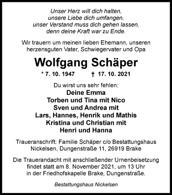 Traueranzeige von Wolfgang Schäper von Nordwest-Zeitung